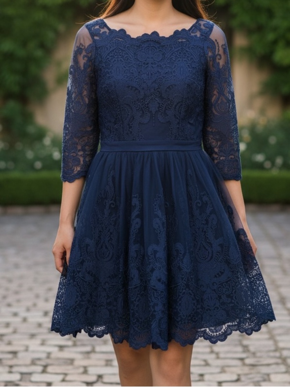 Maniju Elegant Navy Lace Midi Dress